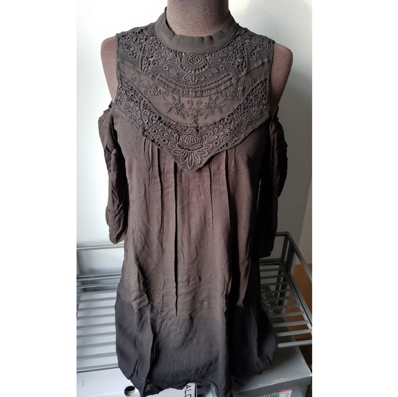 Dresses & Skirts - Black Cold Shoulder Mock Neck Lace Dress